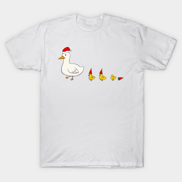 Mommy Duck and Ducklings with Christmas Santa Hat T-Shirt by Art by Biyan